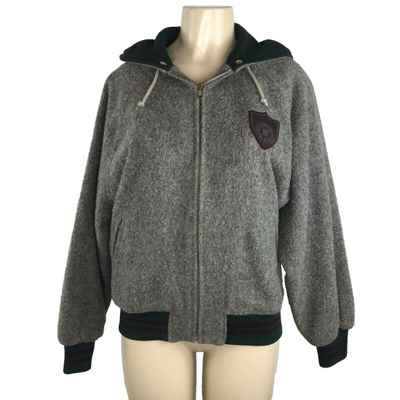 Ralph Lauren Wool Jacket Size M Gray Varsity Crest Patch Badge Zip Hooded Pocket - Picture 1 of 12